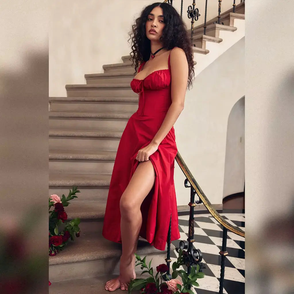 Vestido-Midi-Elegante-Fleur-Vermelho-Modelo-Escada