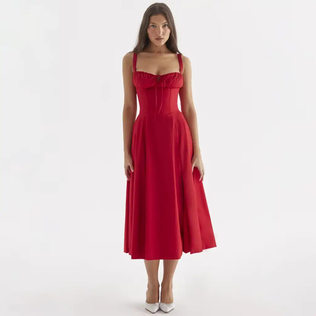 Vestido-Midi-Elegante-Fleur-Vermelho-Modelo-Frente