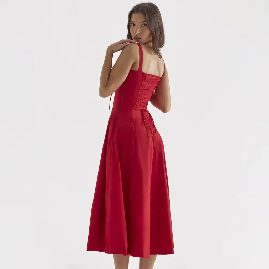 Vestido-Midi-Elegante-Fleur-Vermelho-Modelo-Pose