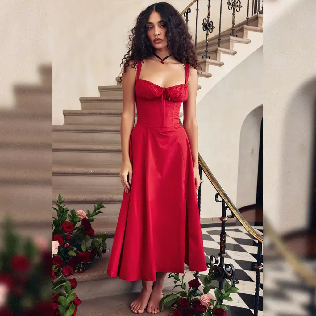 Vestido-Midi-Elegante-Fleur-Vermelho-Pose