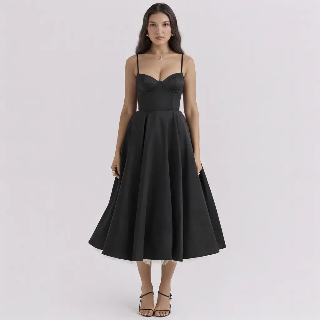 Vestido-Midi-Elegante-Flora-Preto-Frente-Reto